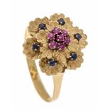 Ruby-sapphire ring GG 750/000 with 6 round fac. Sapphires and 7 round fac. Rubies 2 mm ingood