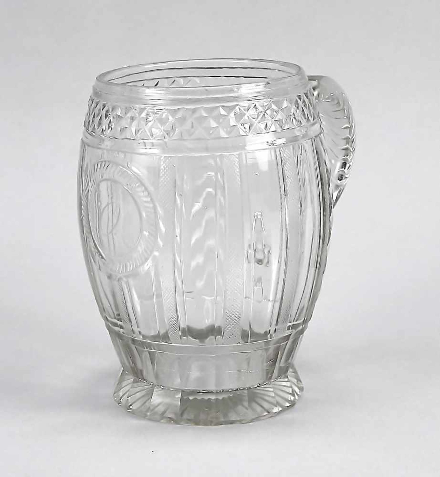 Large tankard, 19th century, polygonal stand, body in barrel form, sidely attached handle,clear