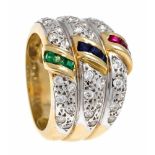 Sapphire-emerald-ruby ring GG / WG 585/000, each with 3 fac. Sapphire, emerald, rubycarrées 2 mm and