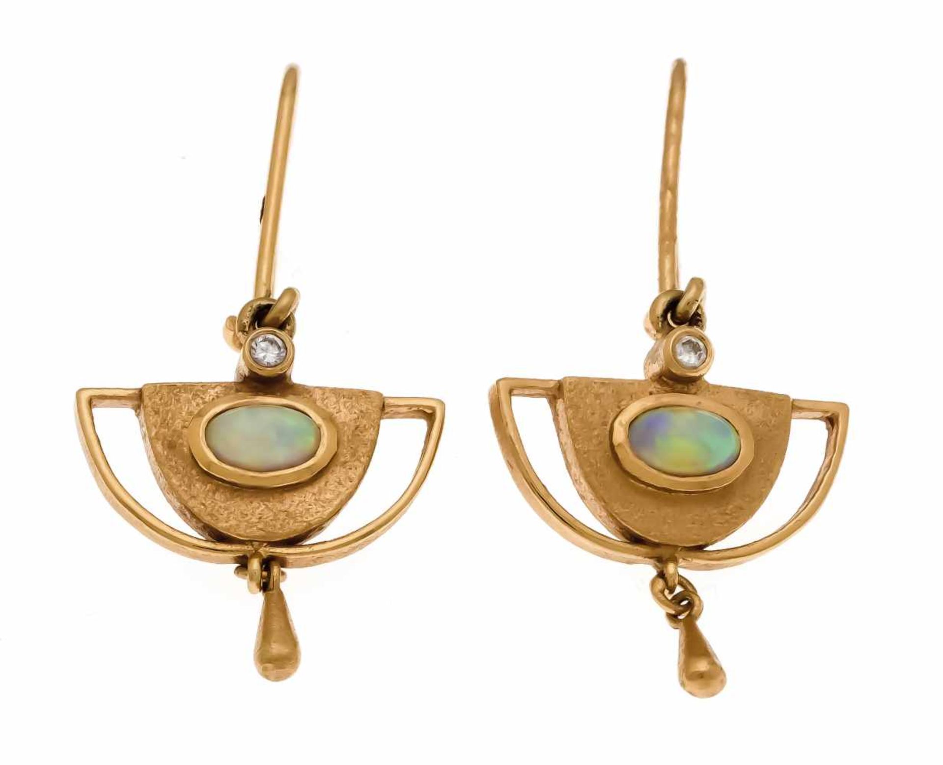 Opal-brilliant earrings GG 585/000 with 2 oval opal cabochons 5 x 3 mm and 2 diamonds, inaddition