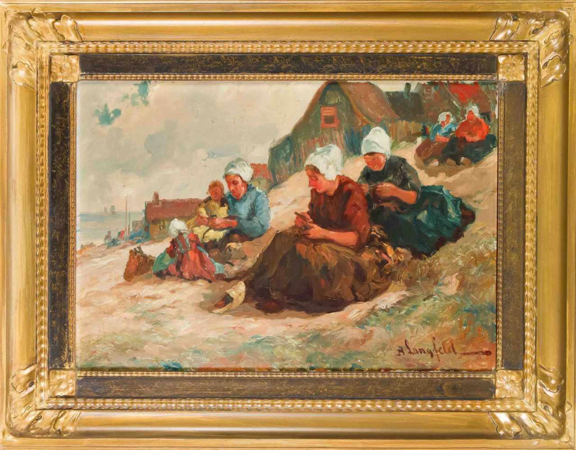 A. Langfeld, genre painter 1st half of the 20th century, Dutch women working on the beach,oil on