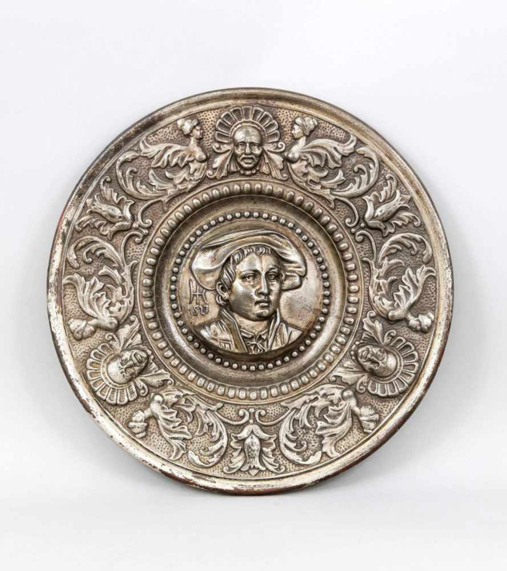 Relief plate in the Renaissance style, late 19th century, cast iron, silver-colored, flatplate on