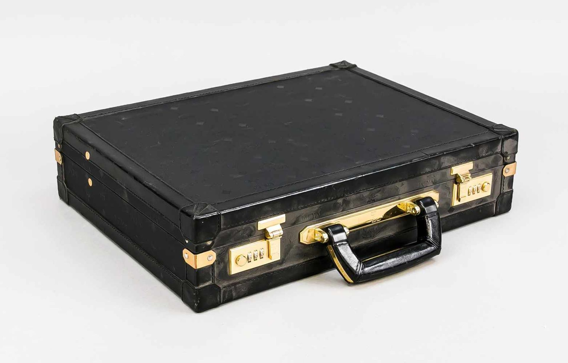 MCM Aktenkoffer, 20. Jh., schwarzer Stoff mit Monogramm und schwarzes Glattleder,goldfarbene - Bild 2 aus 2