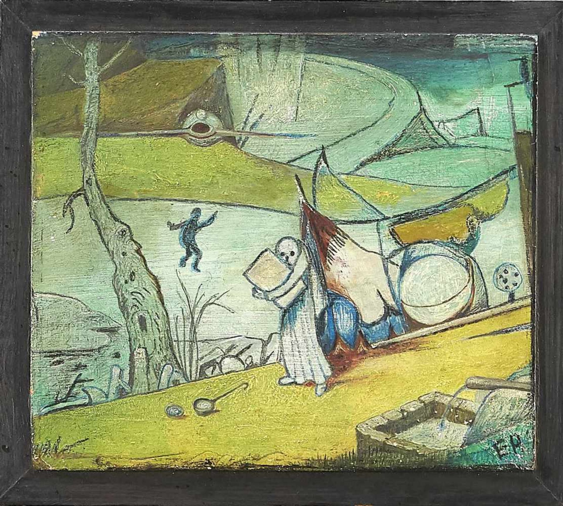 Monogramist E.P., Surrealist mid-20th century, surreal landscape with two figures and allsorts of