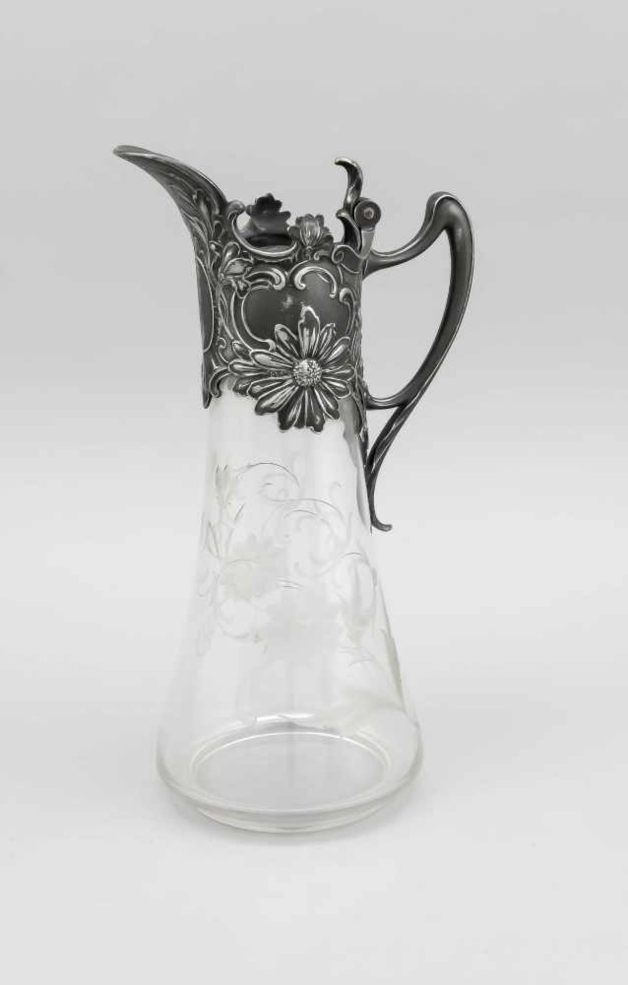 Wine carafe, German, around 1900, WMF ostrich mark, plated, curved handle, hinged lid,wall with