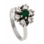 Emerald-brilliant ring WG 585/000 with a round faceted emerald 4 mm and 6 brilliant-cutdiamonds,