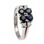 Sapphire brilliant ring WG 585/000 with 4 round faceted sapphires 4 mm in good color and