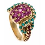 Ruby-turquoise ring GG 750/000 with round faceted rubies 3 - 1.8 mm and round turquoisecabochons 2 -