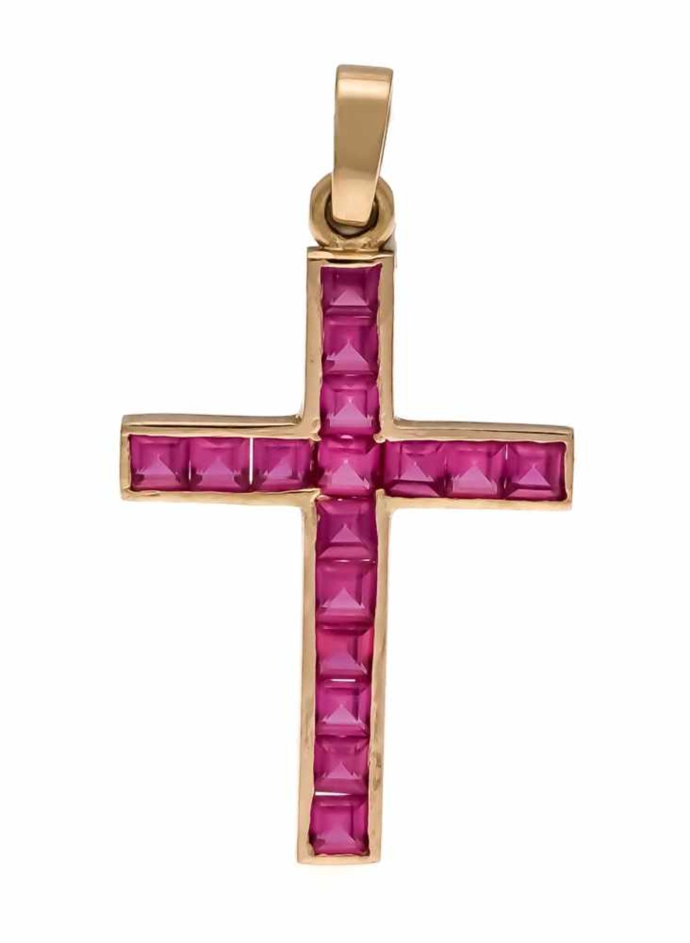 Ruby cross pendant GG 750/000 unmarked, expertized, with square faceted rubies 3.5 mm invery good