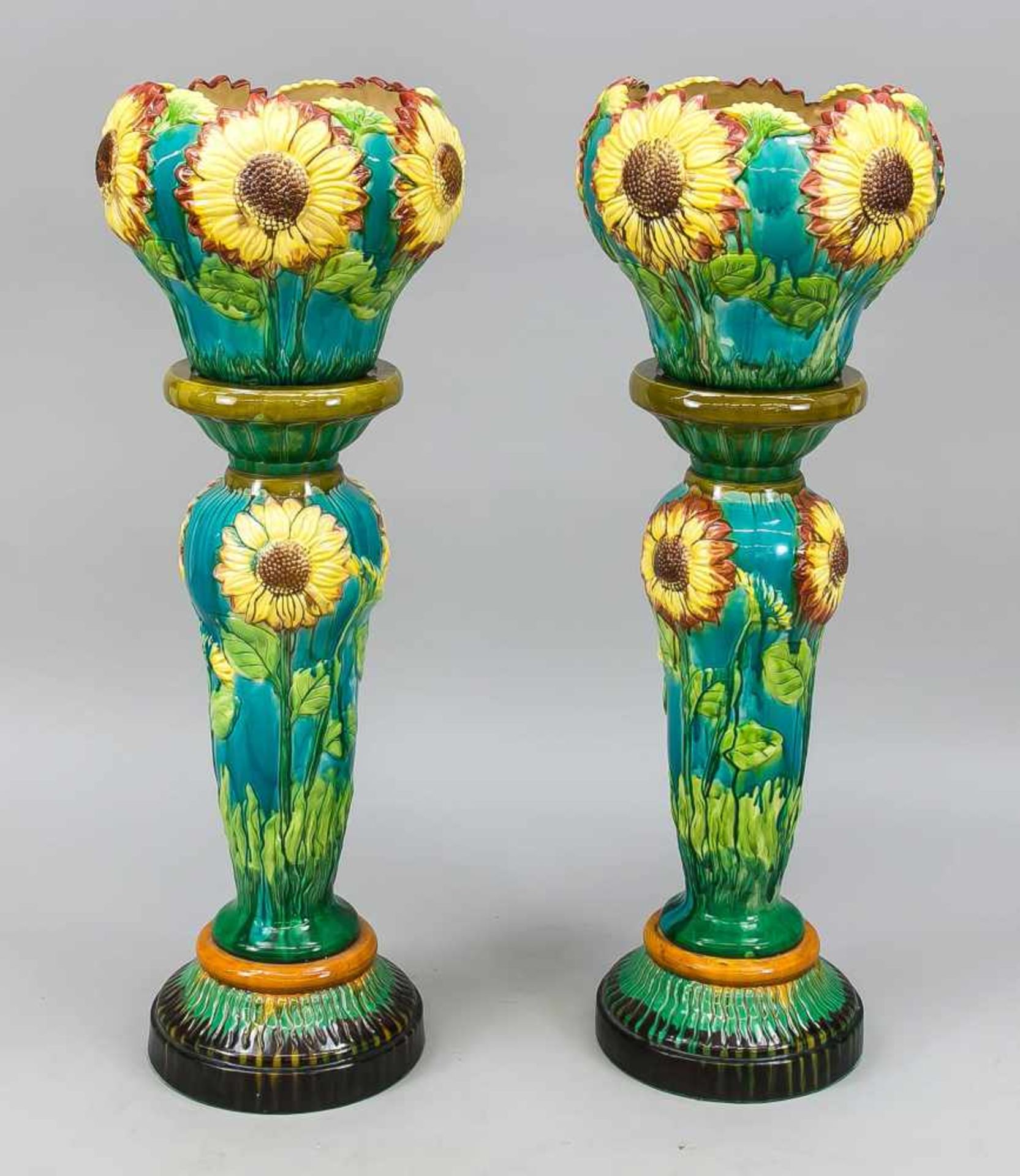 A pair of flower columns with cachepots, 20th century, ceramics, polychrome glaze,