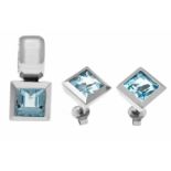 Blue topaz set WG 585/000 with 3 square fac. Blue topaz 7.2 mm, ear studs D. 10 mm, clippendant L.