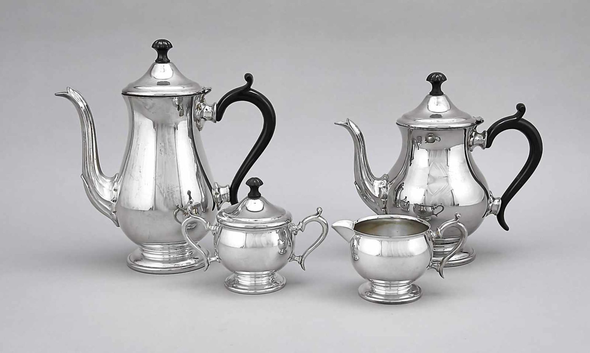 Four-piece coffee and tea service, England, 20th century, plated, on a round domed stand,smooth