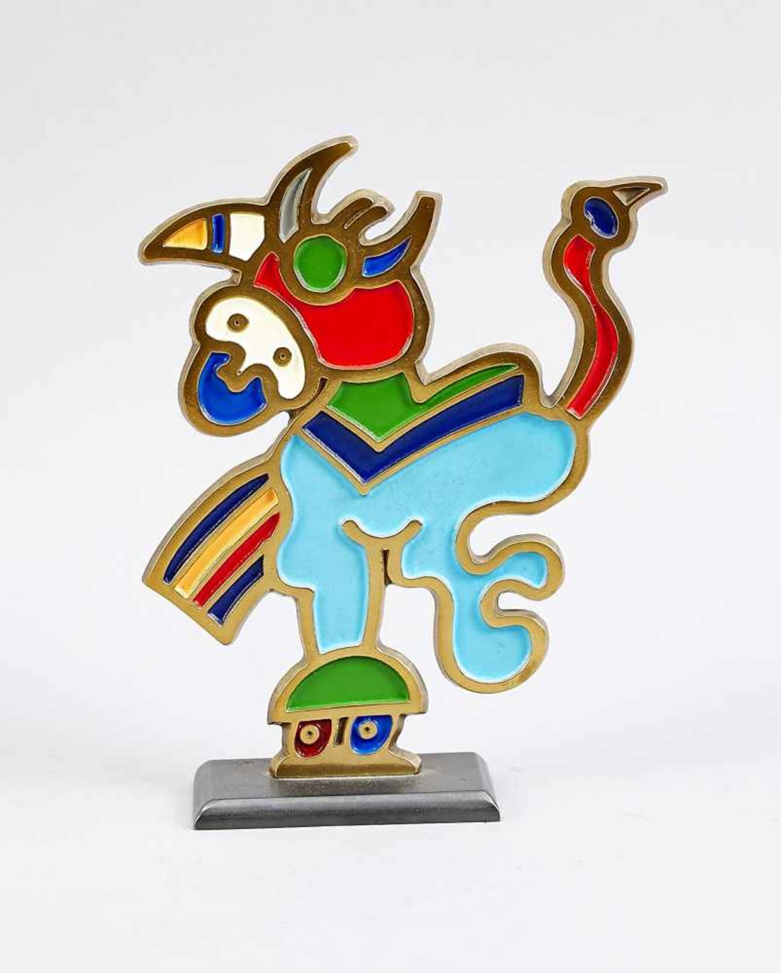 Otmar Alt (* 1940), abstract sculpture, flat brass relief with colored fields, signed inthe stand