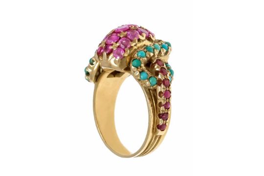 Ruby-turquoise ring GG 750/000 with round faceted rubies 3 - 1.8 mm and round turquoisecabochons 2 - - Image 2 of 2