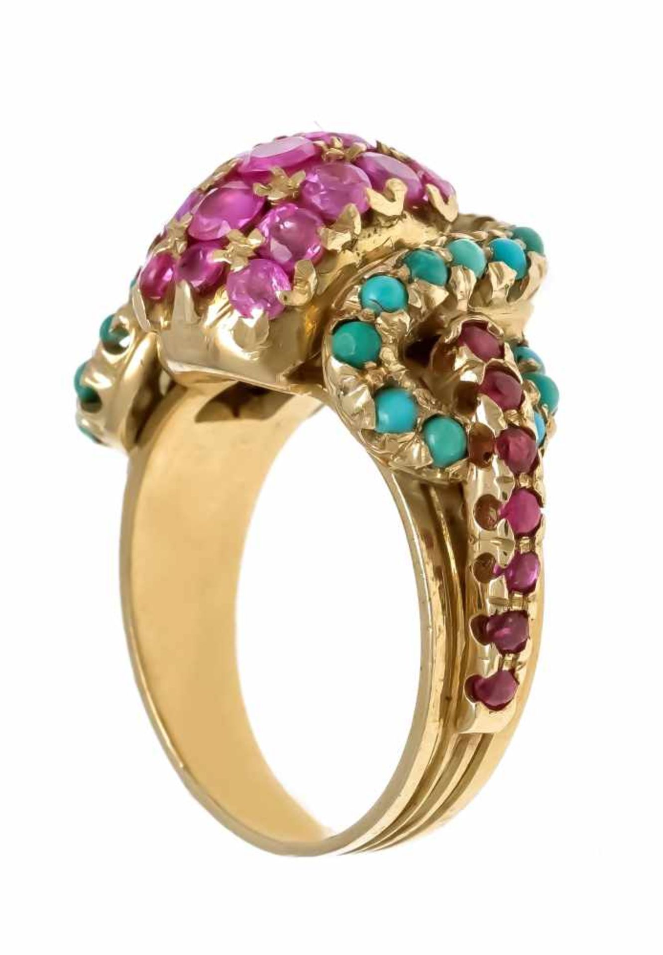 Ruby-turquoise ring GG 750/000 with round faceted rubies 3 - 1.8 mm and round turquoisecabochons 2 - - Bild 2 aus 2