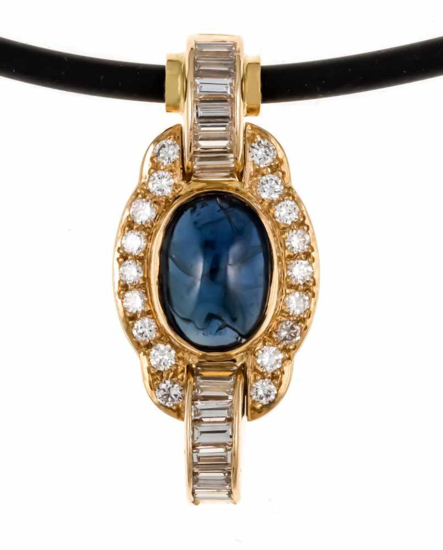 Sapphire-brilliant pendant GG 750/000 with a fine sapphire cabochon 9 x 7 mm in very goodcolor,