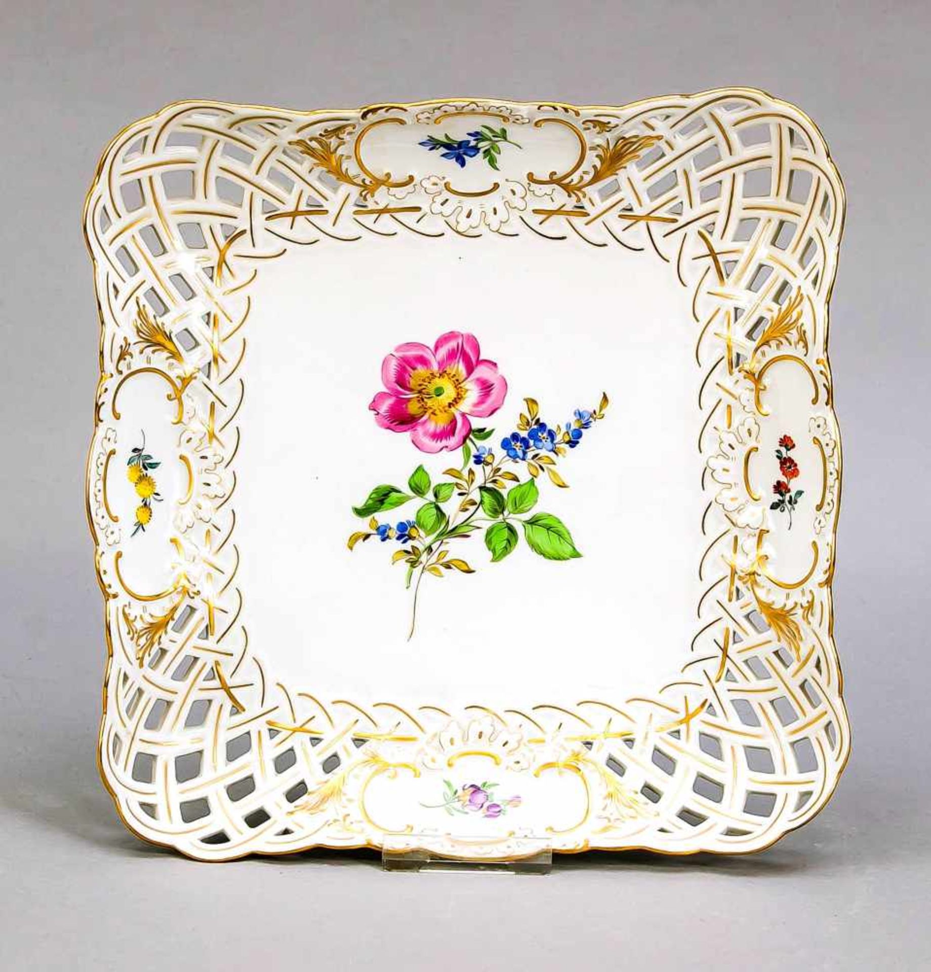 Breakthrough Carree bowl, Meissen, mark 1957-72, 2nd quality, polychrome flower paintingin the