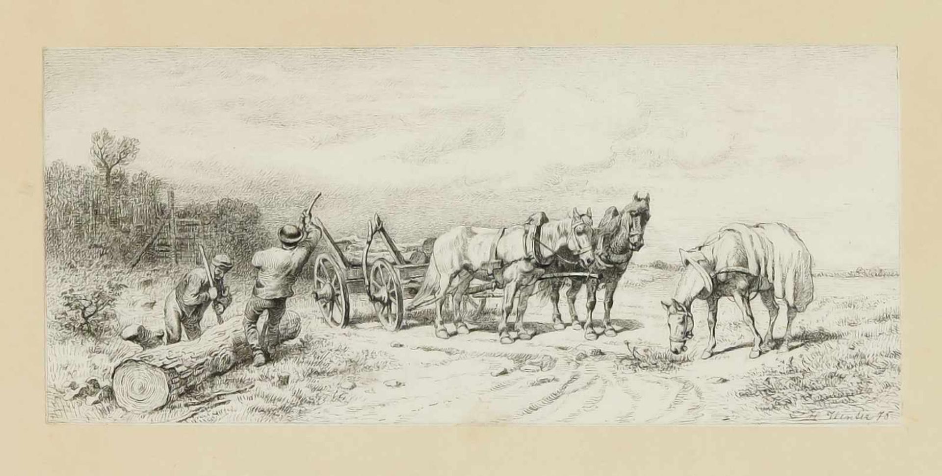 Heinrich Winter (1843-1911) (attrib.), drei Pferde mit Fuhrwagen in flacher Landschaft,während