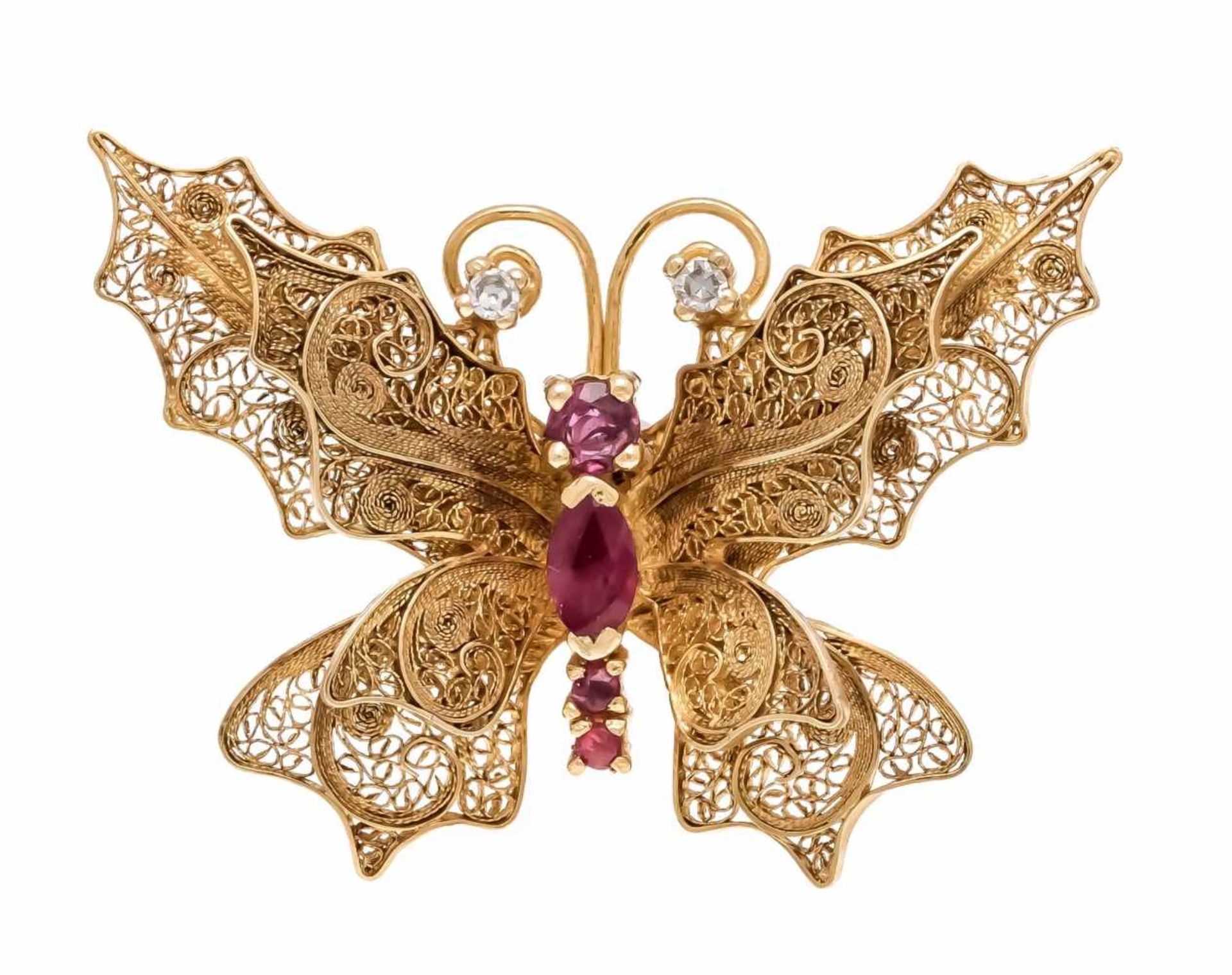 Ruby-diamond pendant butterfly GG 900/000 unmarked, expertized, with 3 round and an ovalfaced ruby 5