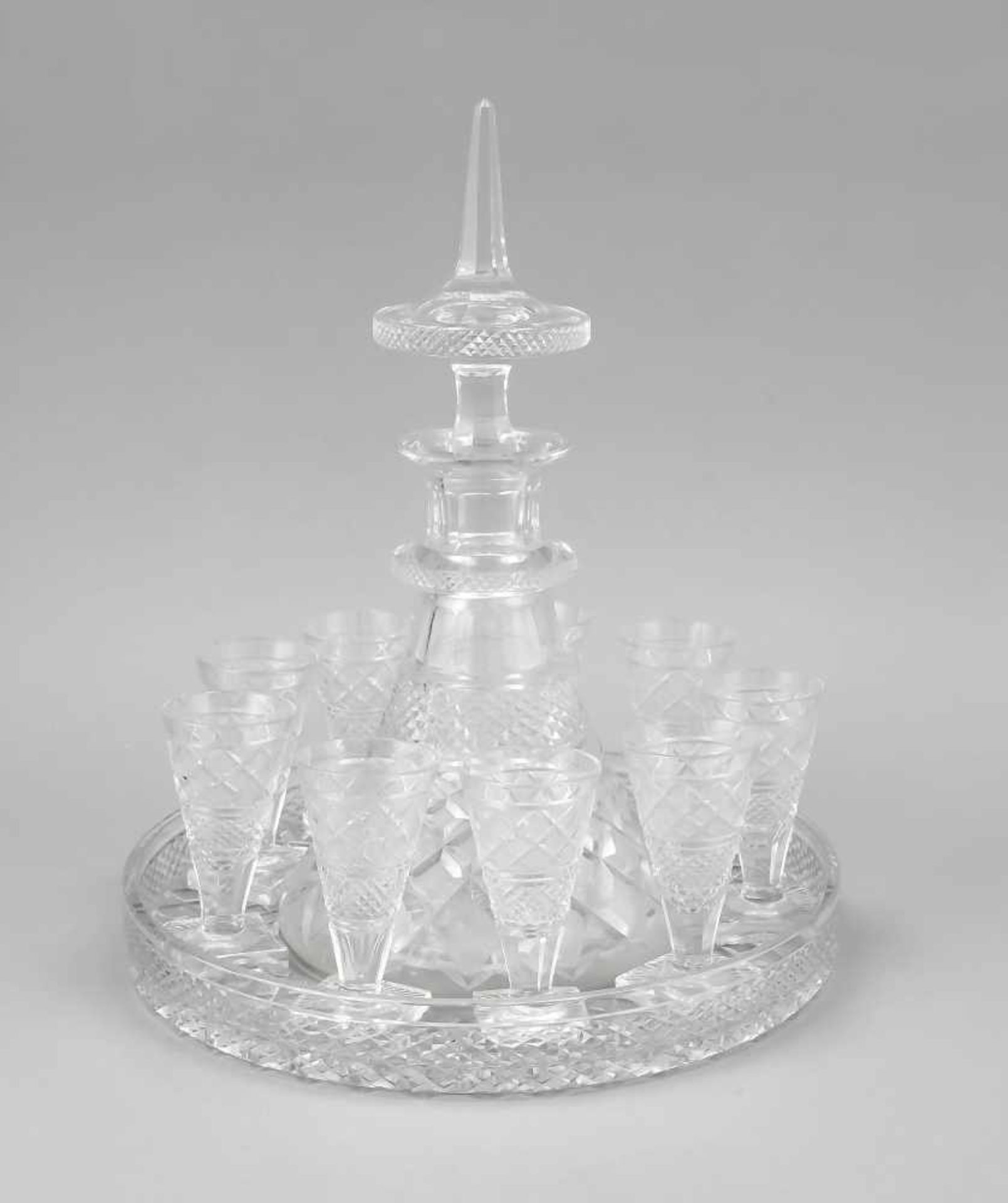 Liqueur service for nine persons, early 19th century, 9 glasses, square base, conical top,carafe,