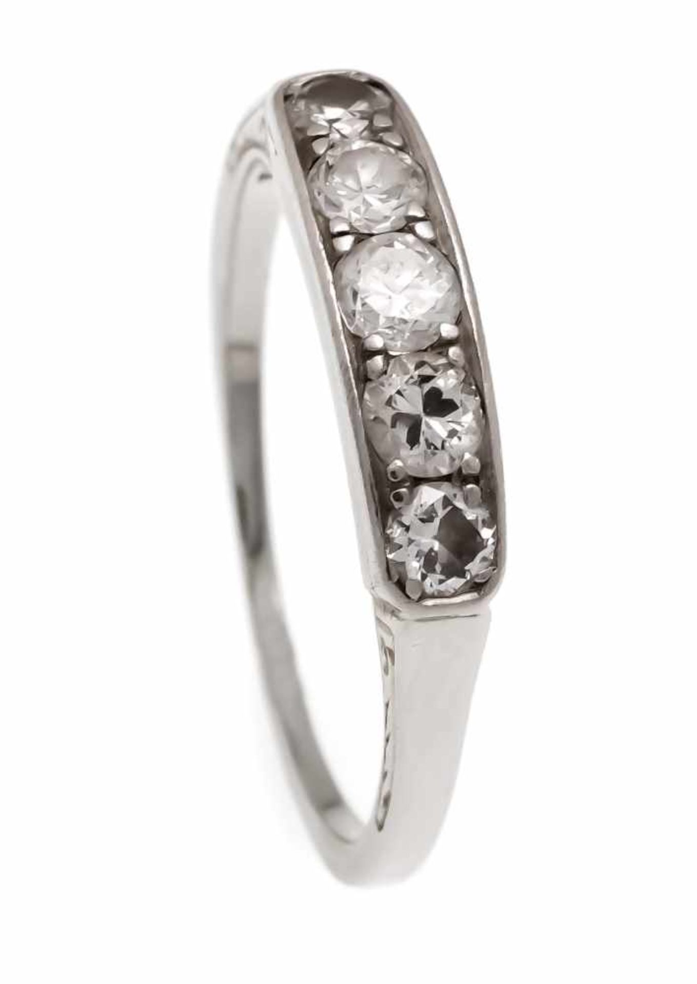 Old cut diamond ring WG 750/000 with 5 old cut diamonds, total 0.50 ct TW-W / SI-PI1, RG55, 2.4
