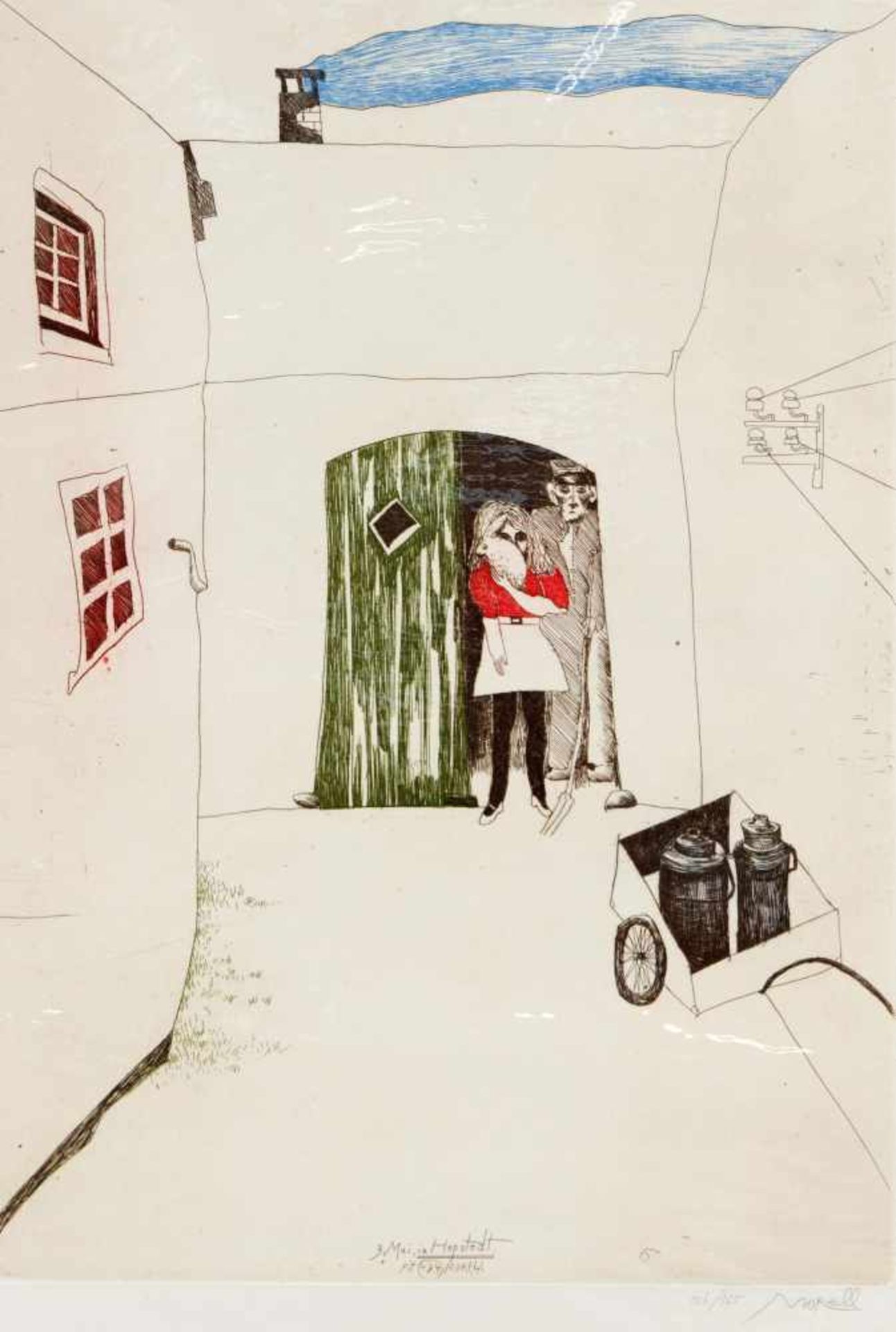 Pit Morell (* 1939), couple with rabbit (May 3 in Hepstedt), color etching, hand-signedand