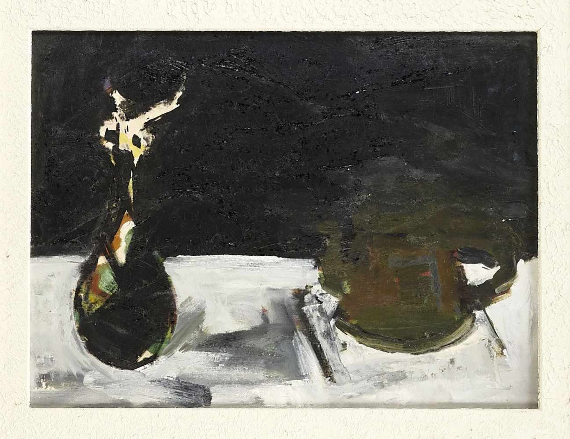 Anonymous painter 2nd half of the 20th century, expressive still life with pot and vase,oil on
