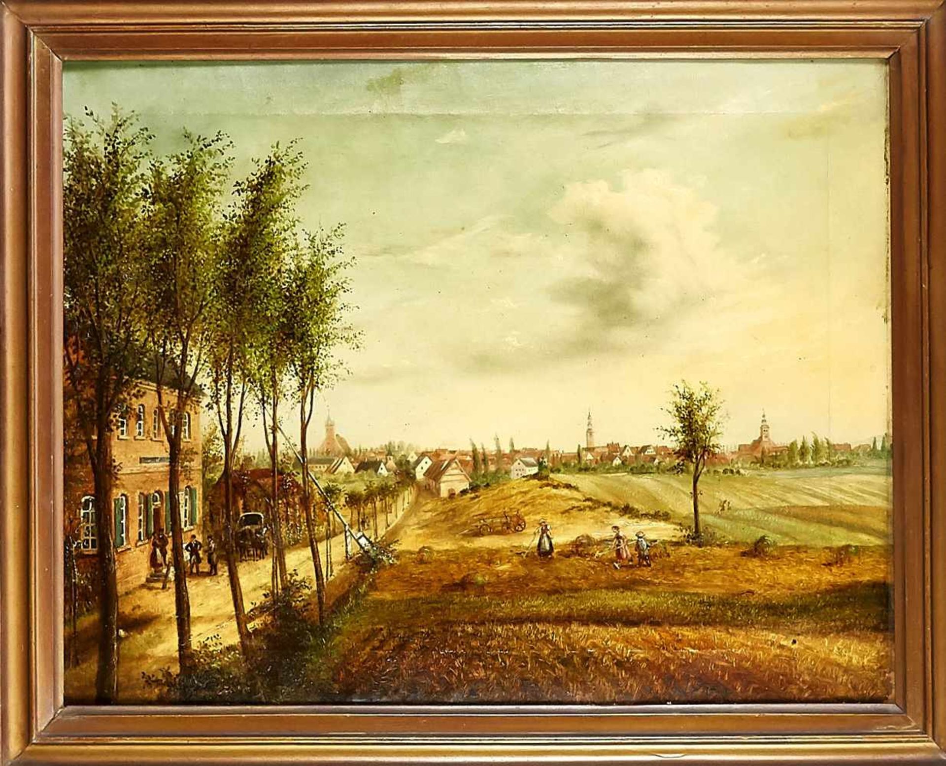 Anonymous painter of the 19th century, city view with haymaking in the foreground andgroup on a