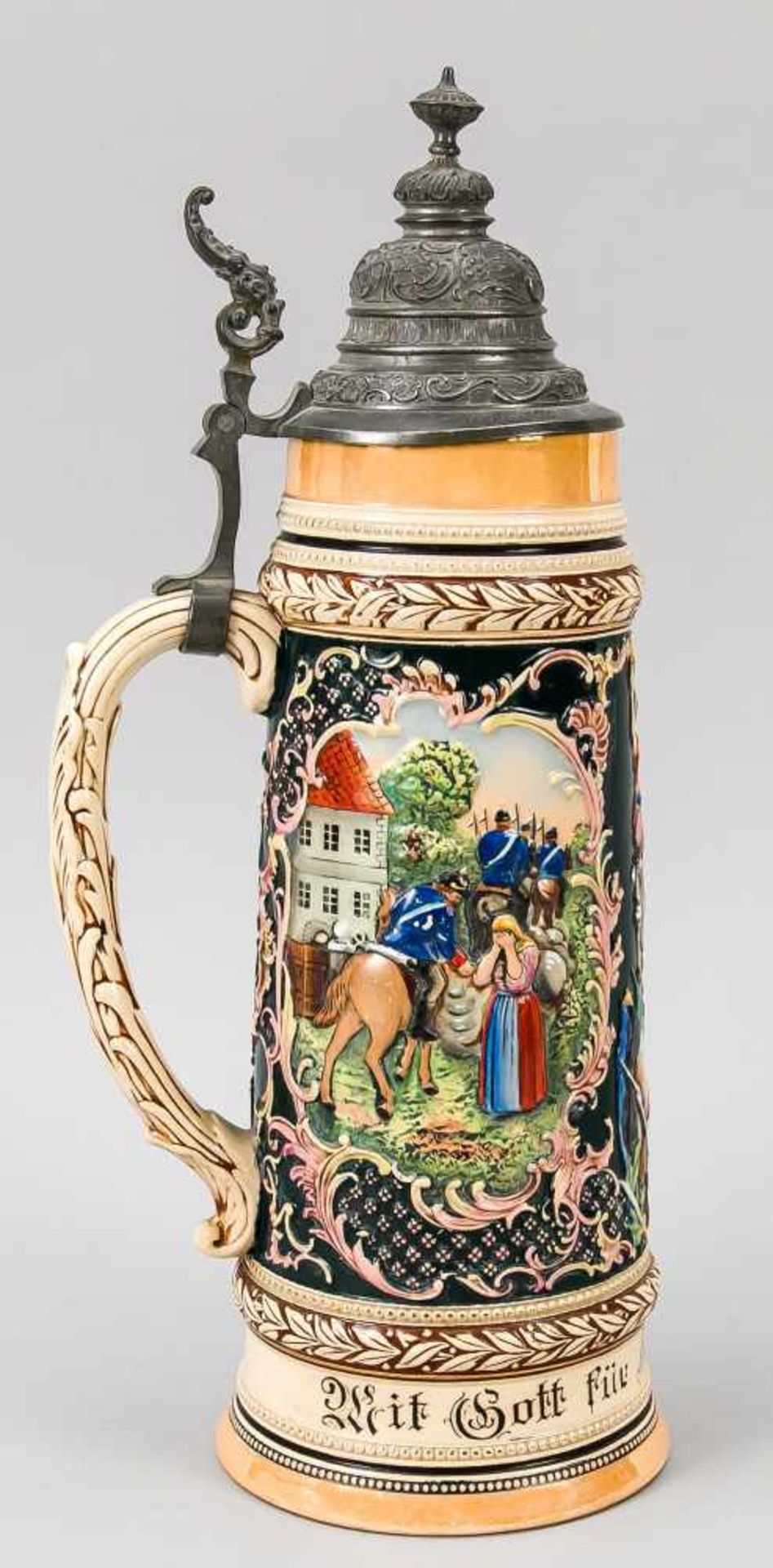 Westerwald stoneware jug with tin hinged lid assembly, around 1900, round stand, body withtapered - Bild 3 aus 3