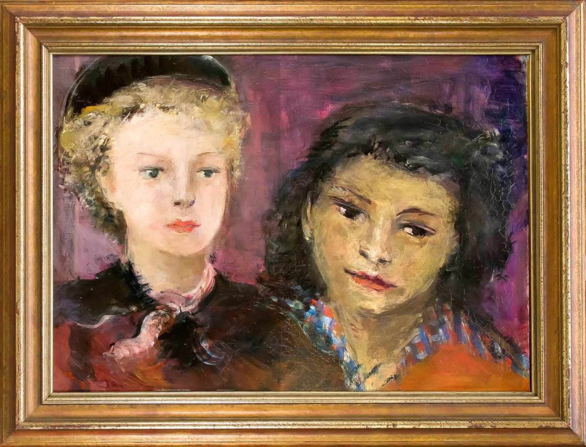 Monogramist around 1940, post-impressionistic double portrait of two women, oil on canvason plywood,