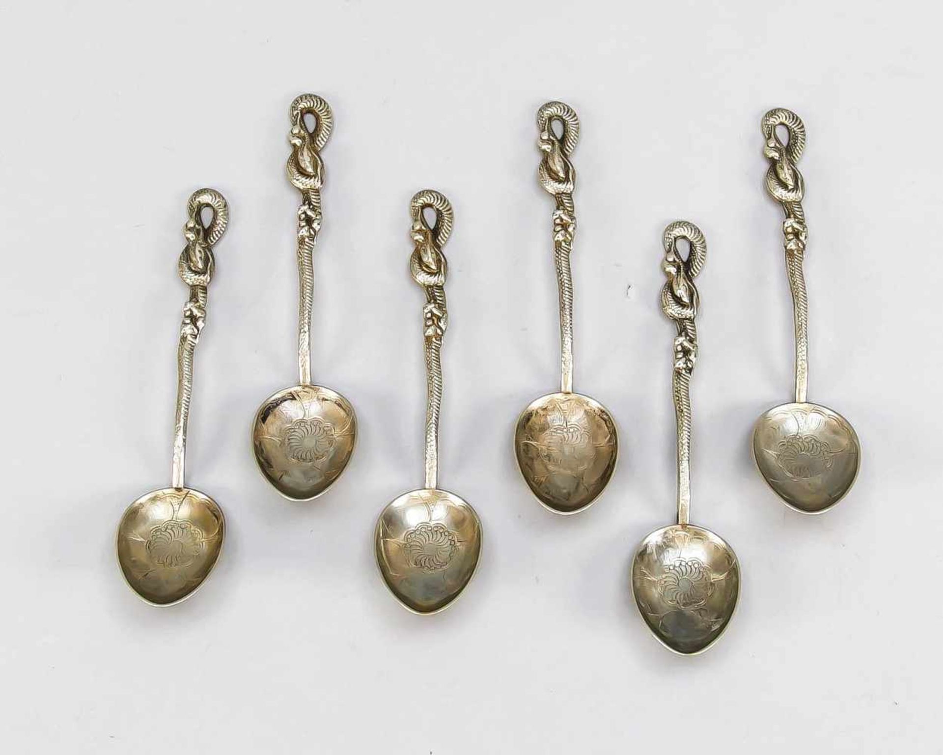 Six teaspoons, Japan, around 1900, hallmarked, silver 900/000, stem end in the form of aserpent,