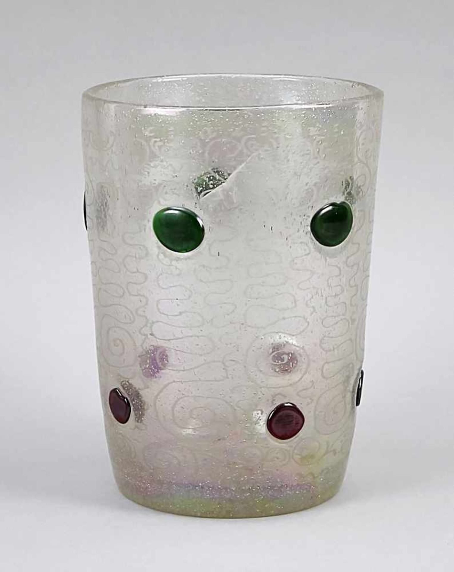 Vase, 20th century, slightly conical shape, clear glass with etched spiral decoration andmelted dots