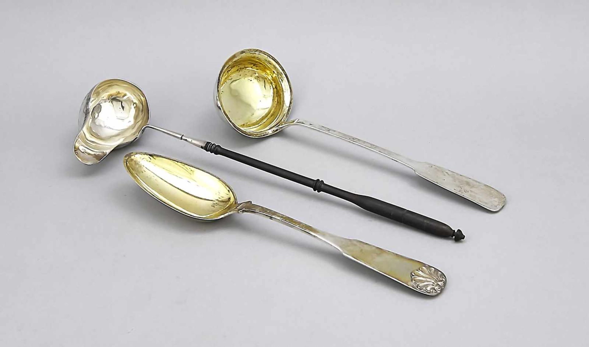 Two ladles and a serving spoon, around 1900, different manufacturers, silver differentfineness, 2 in