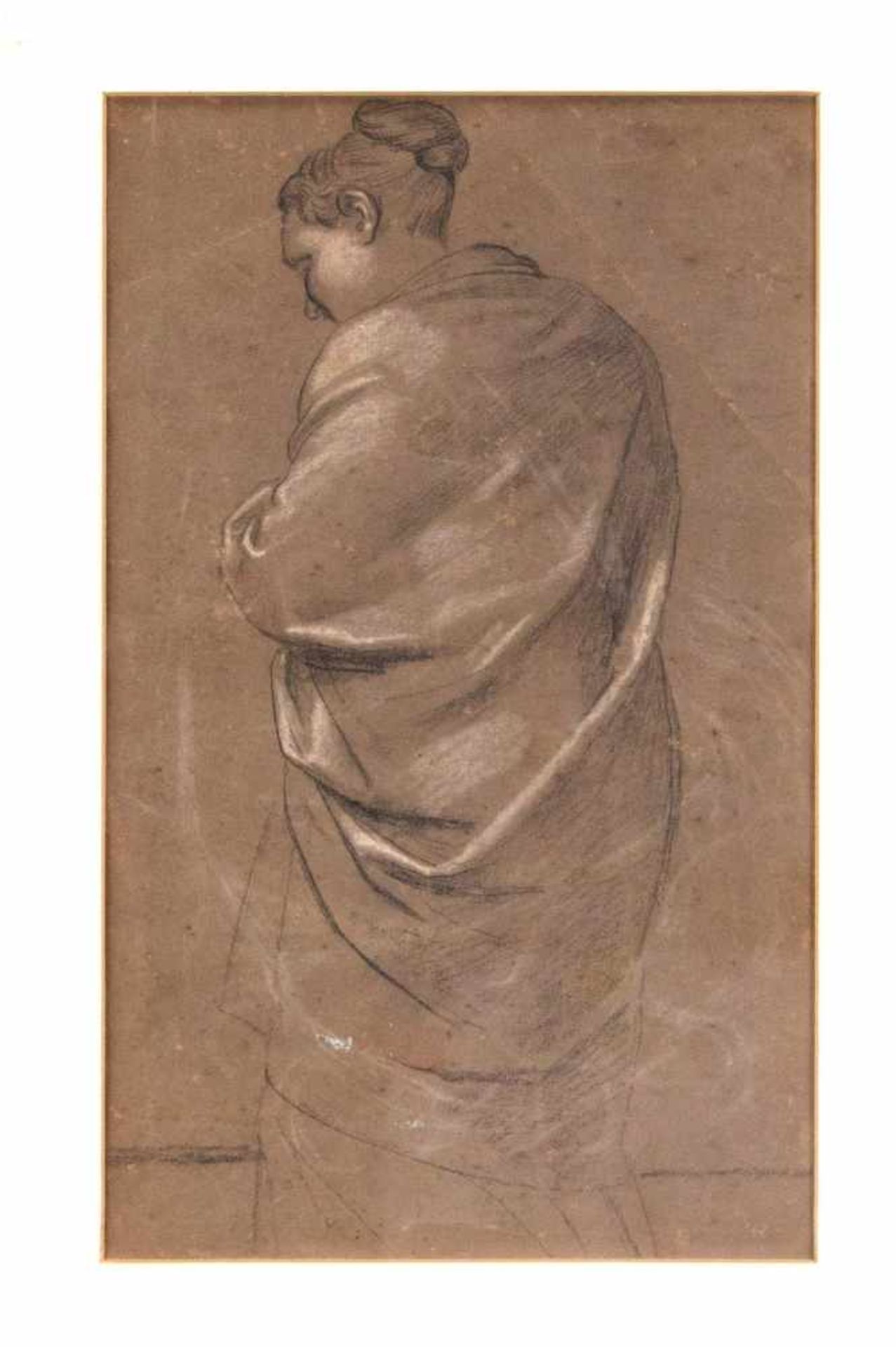Anonymous artist of the 19th century, study of a back figure with a cloak, black and whitechalk on