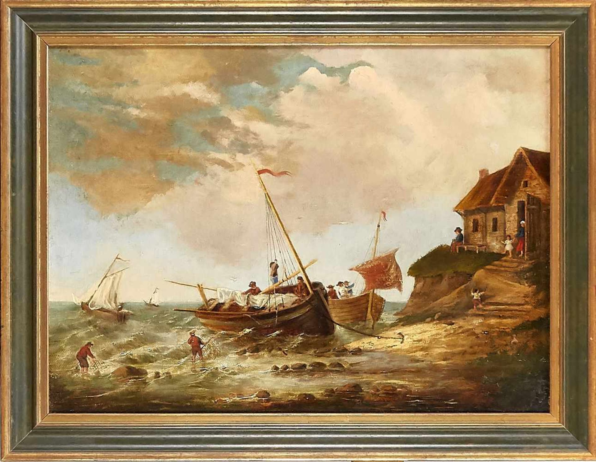 Fr. 19th century painter, coastal landscape with fishermen preparing for the daily exit.Oil on