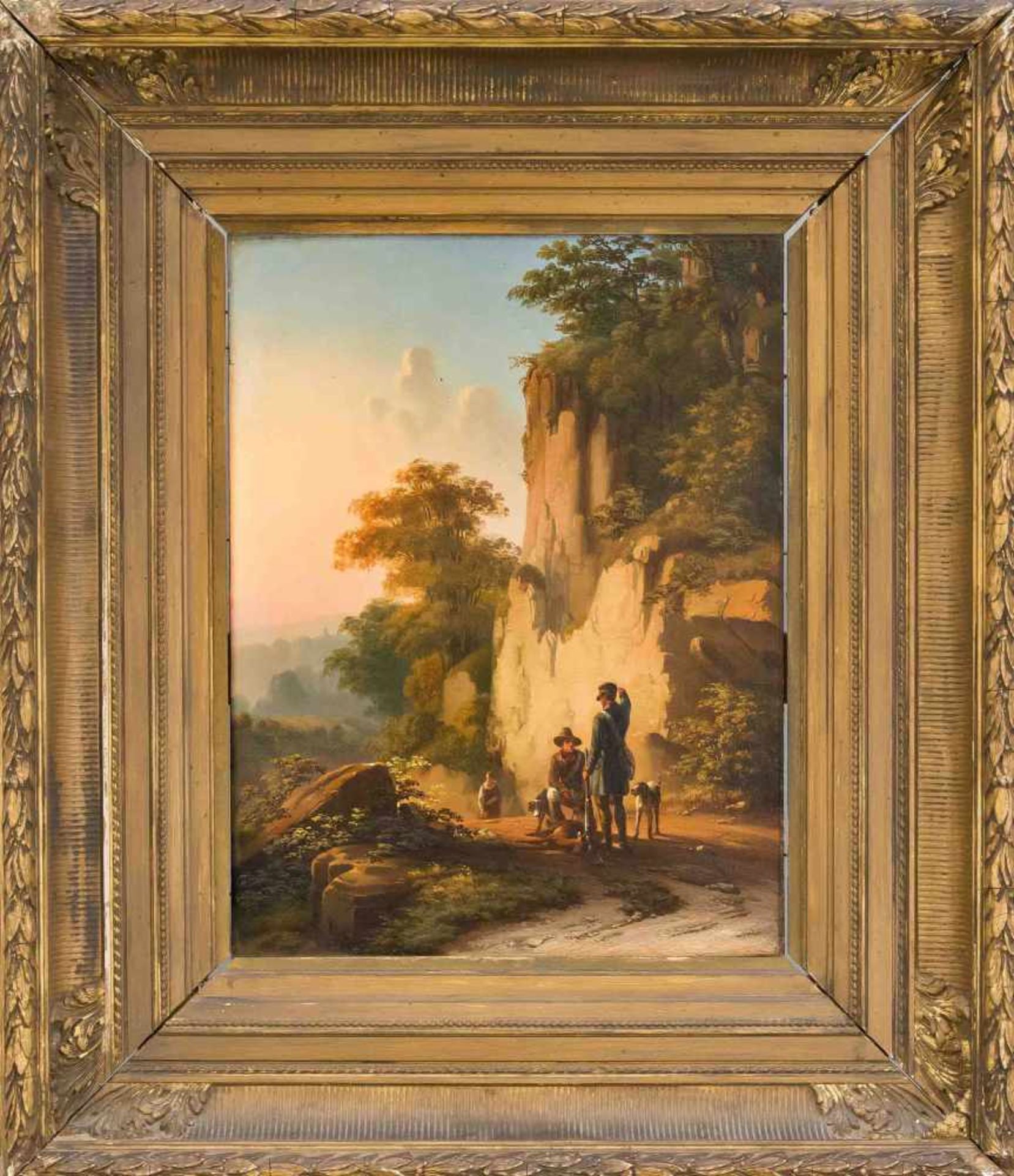 Bernard Jos van Gobbelschroy (1825-1870), Belgian genre painter, mountain landscape withhunters in