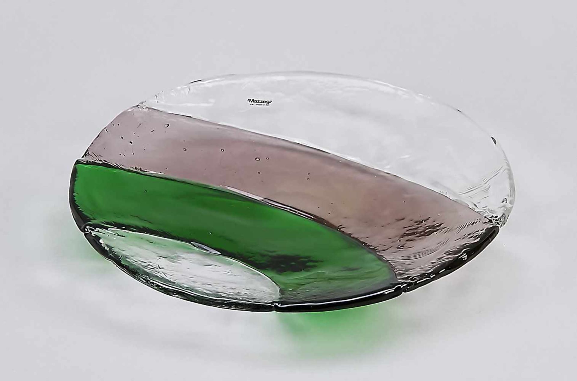 Plate, Italy, 20th century, Mazzega, Murano, flat shape, made of wide glass bands, clear,green and