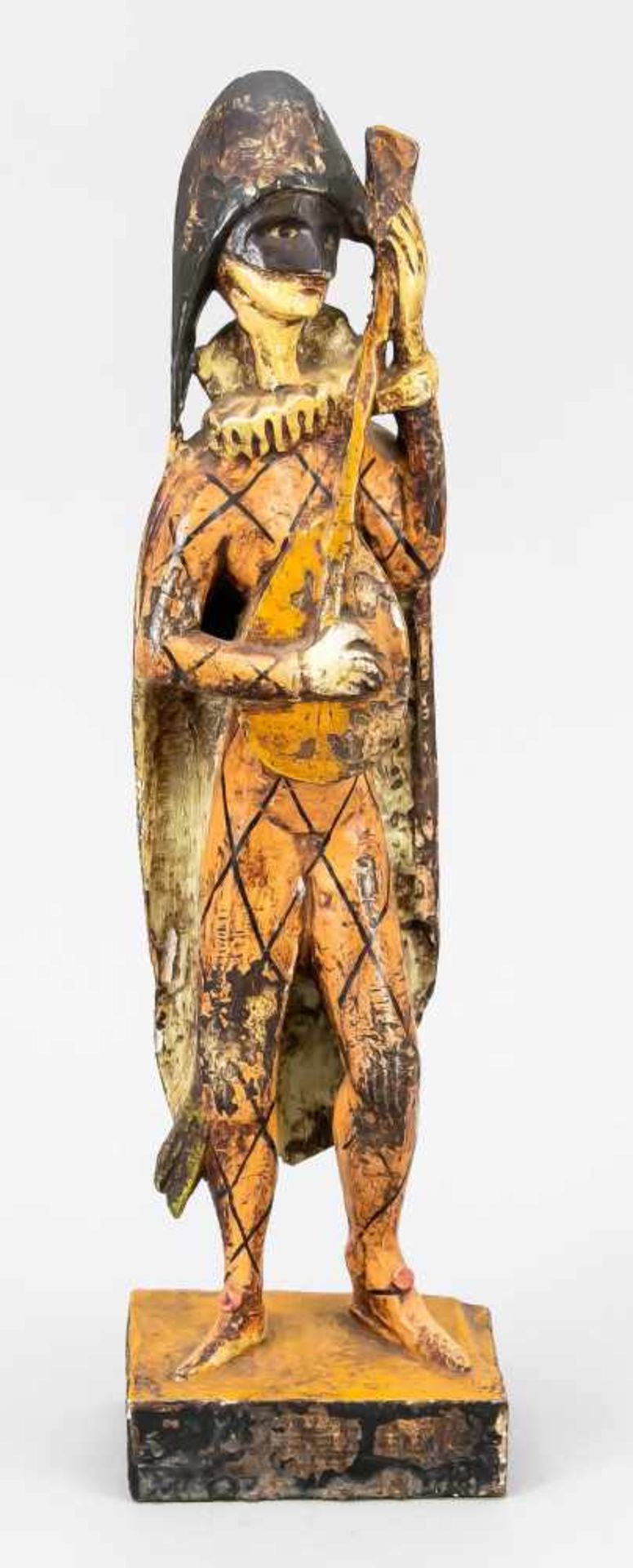 Wooden figure of a harlequin with lute, painted wooden figure on a rectangular plinth,unsigned,