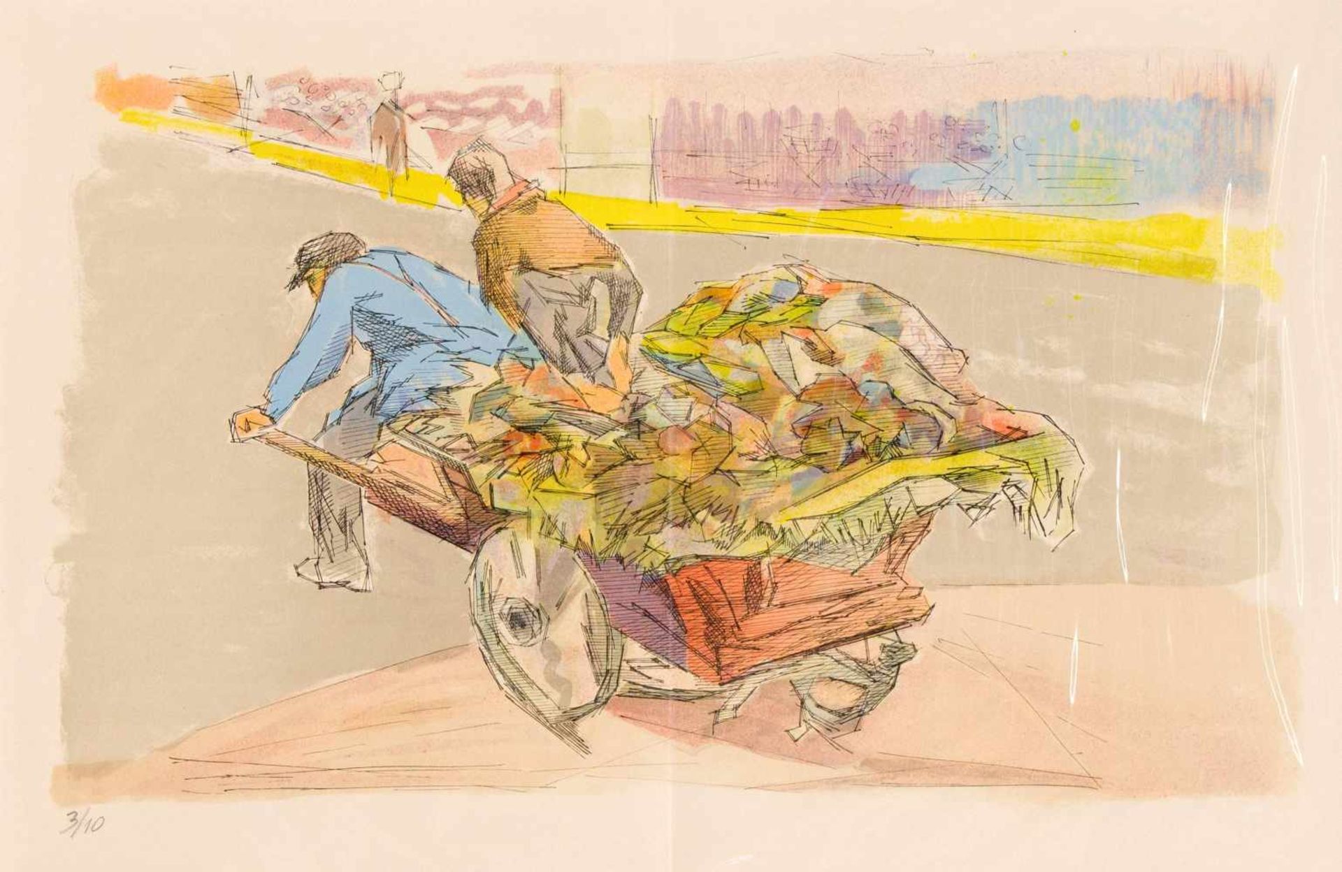 Jacques Villon (1875-1963), Men with carts, color lithograph, 1962, unsigned, verticalcenter fold,