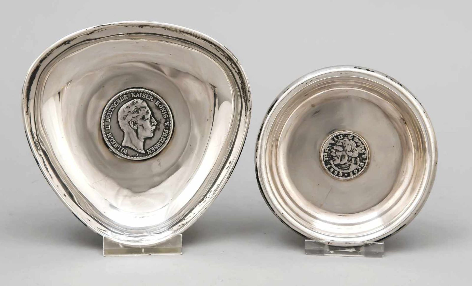 Two coin bowls, German, 1st half of the 20th century, different manufacturers, silver800/000 or