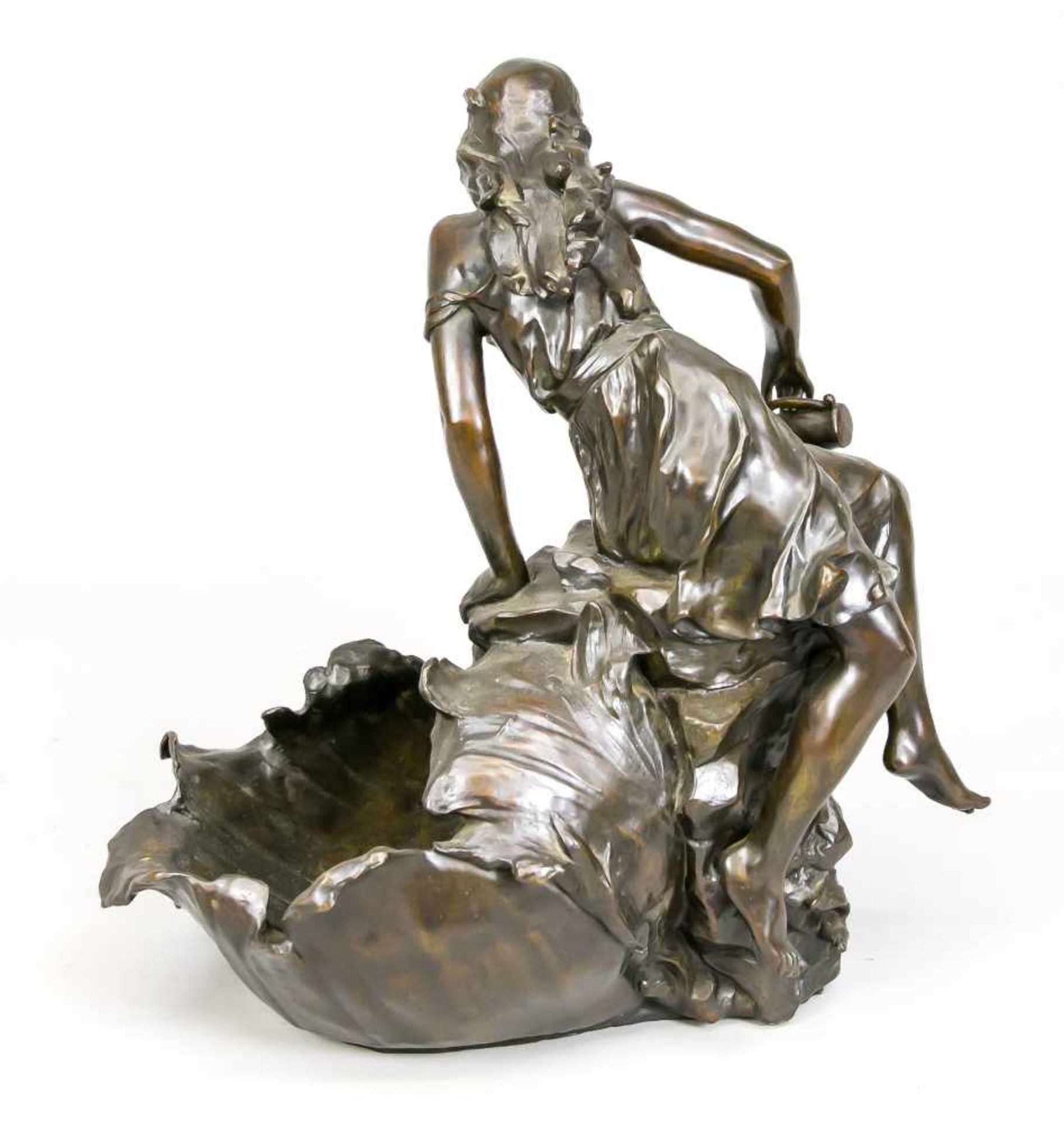 Anonymous sculptor of Art Nouveau around 1900, large, figurine bowl shaped by waves, aboveit a young - Image 2 of 2