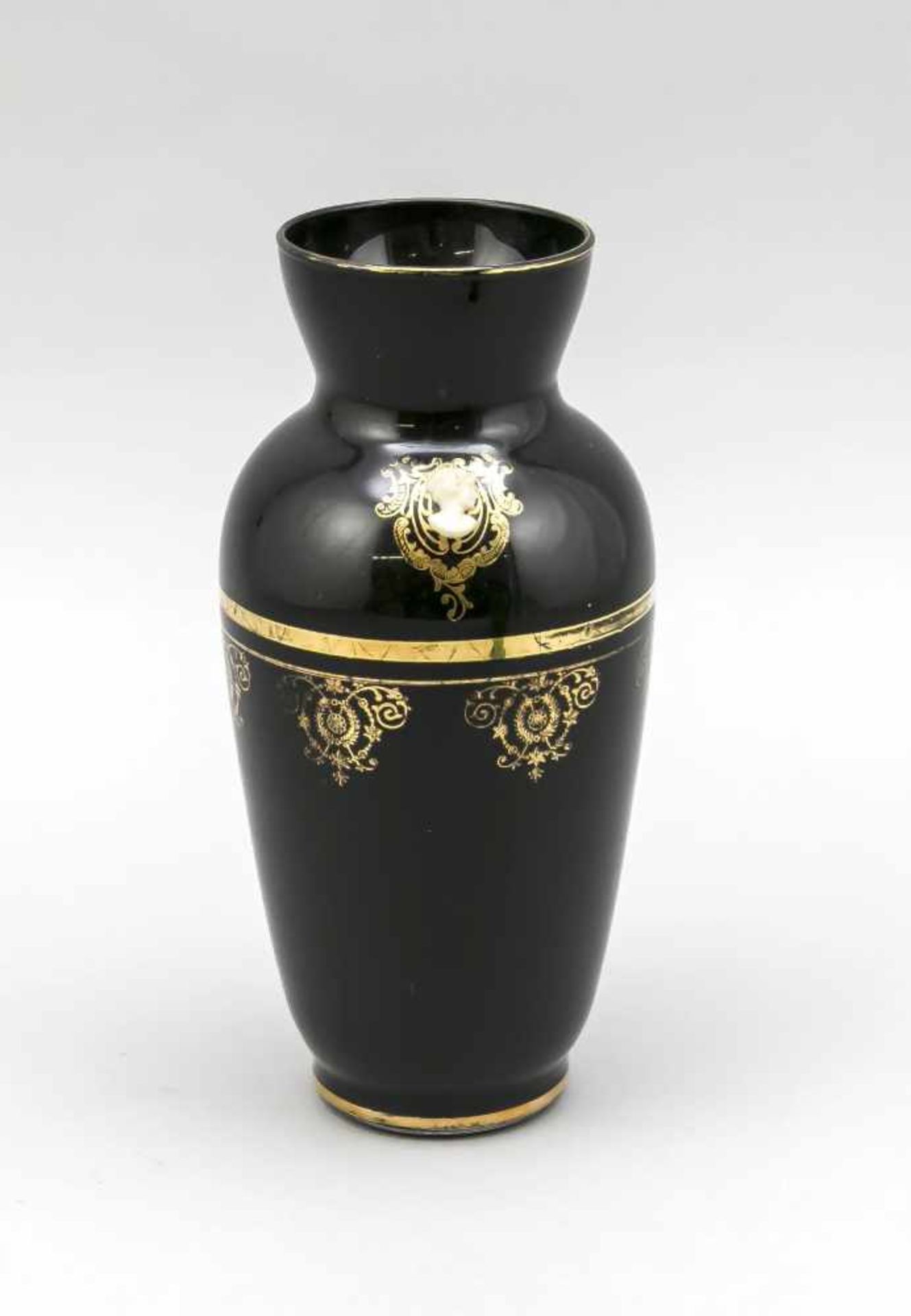 Vase, 1st half of the 20th century, round base, body with slightly widening wall, blackglass, with