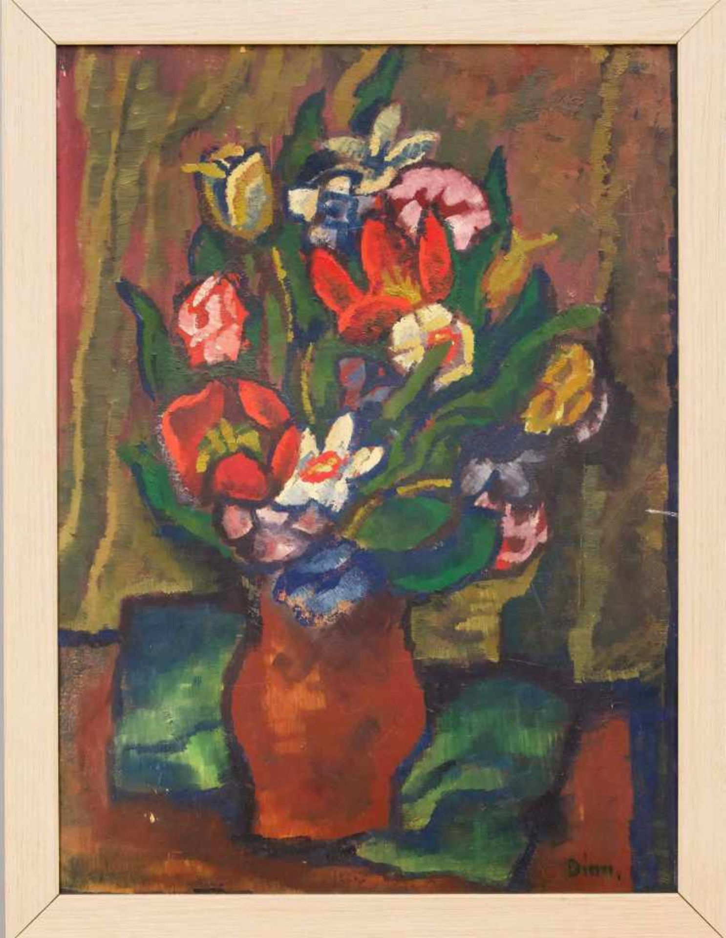 Unidentified expressionist mid 20th century, floral still life, oil on cardboard, and thelike. re.