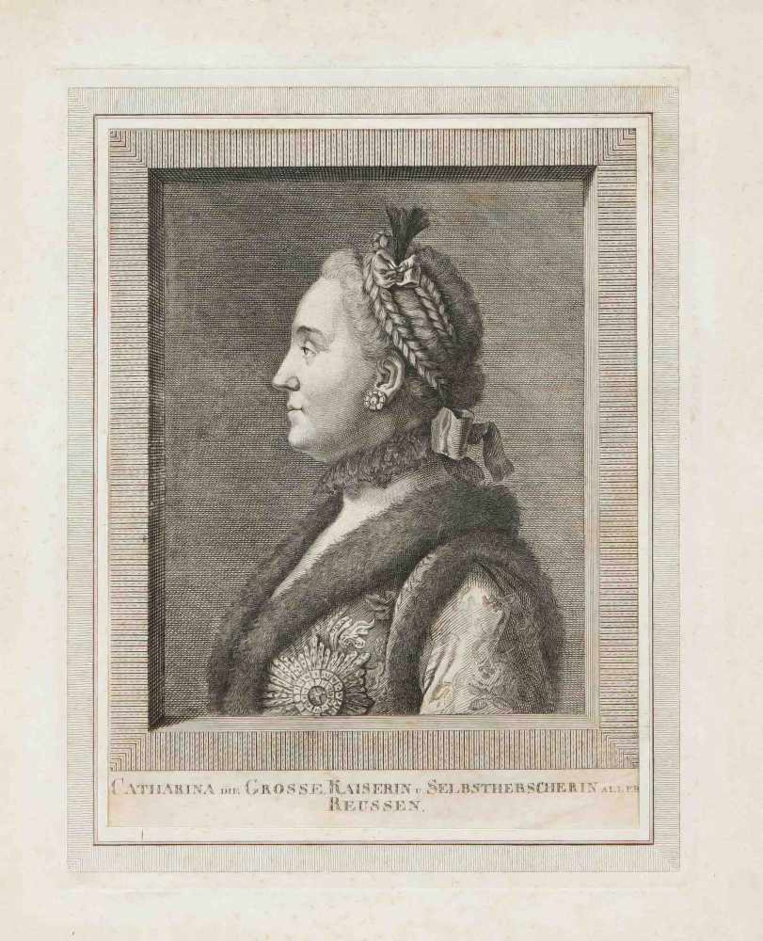 Two graphics with Russian motifs, 19th century, profile portrait of Catherine the Great''Empress and