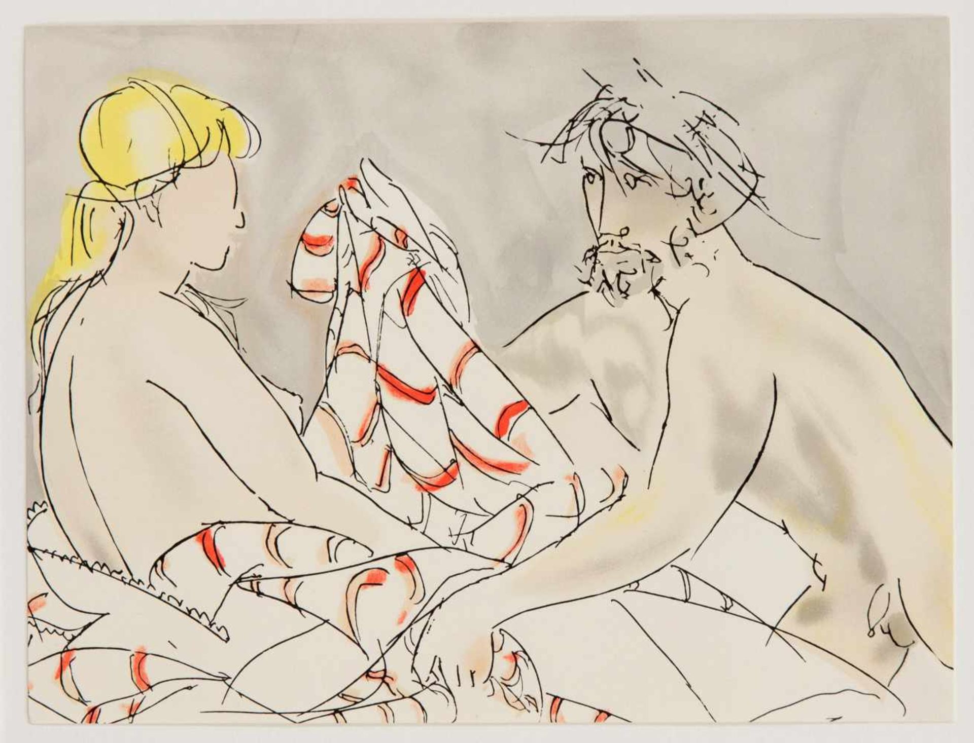 Giacomo Manzù (1908-1991), Italian painter and graphic artist, couple in bed, colorlithograph, 1984,