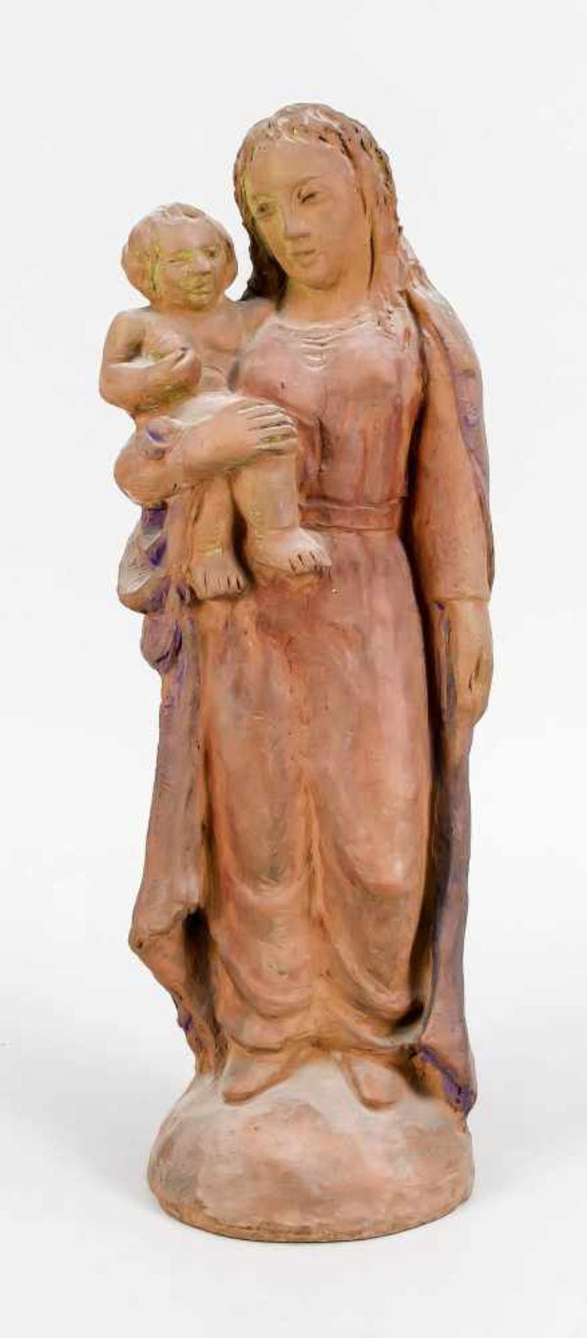 Anonymous sculptor, 1st half of the 20th century, terracotta figure, Madonna and Child,fully plastic