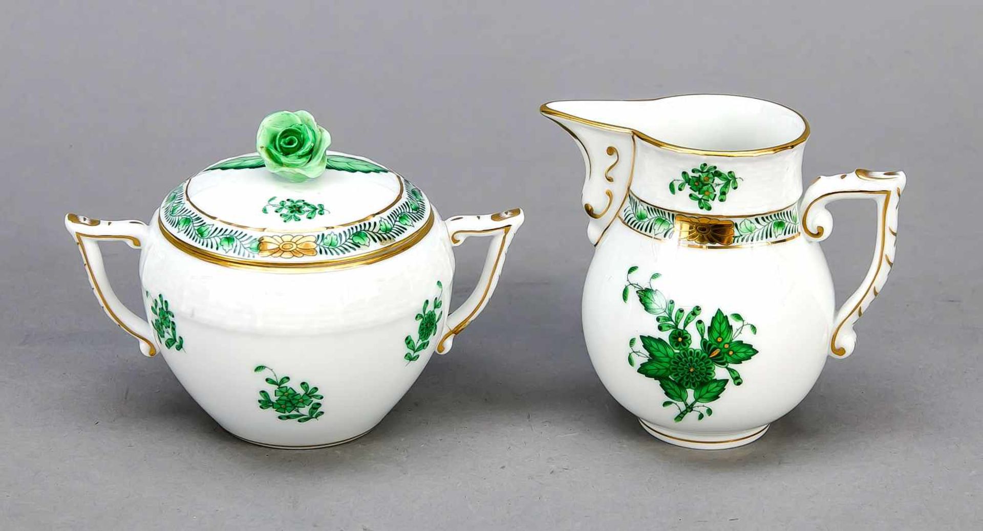 Sugar and cream, Herend, after 1967, form Ozier, decor Apponyi in green, gold-plated,model no. 695