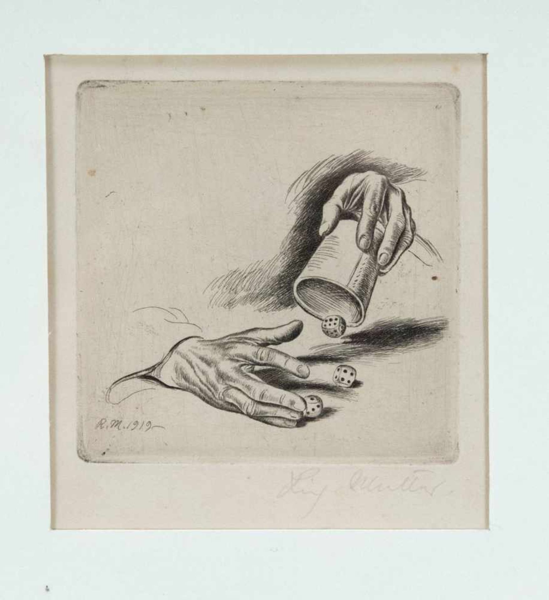 Richard Müller (1874-1954), ''Chance'', two hands with a cube cup, etching, u. re.handsigned in