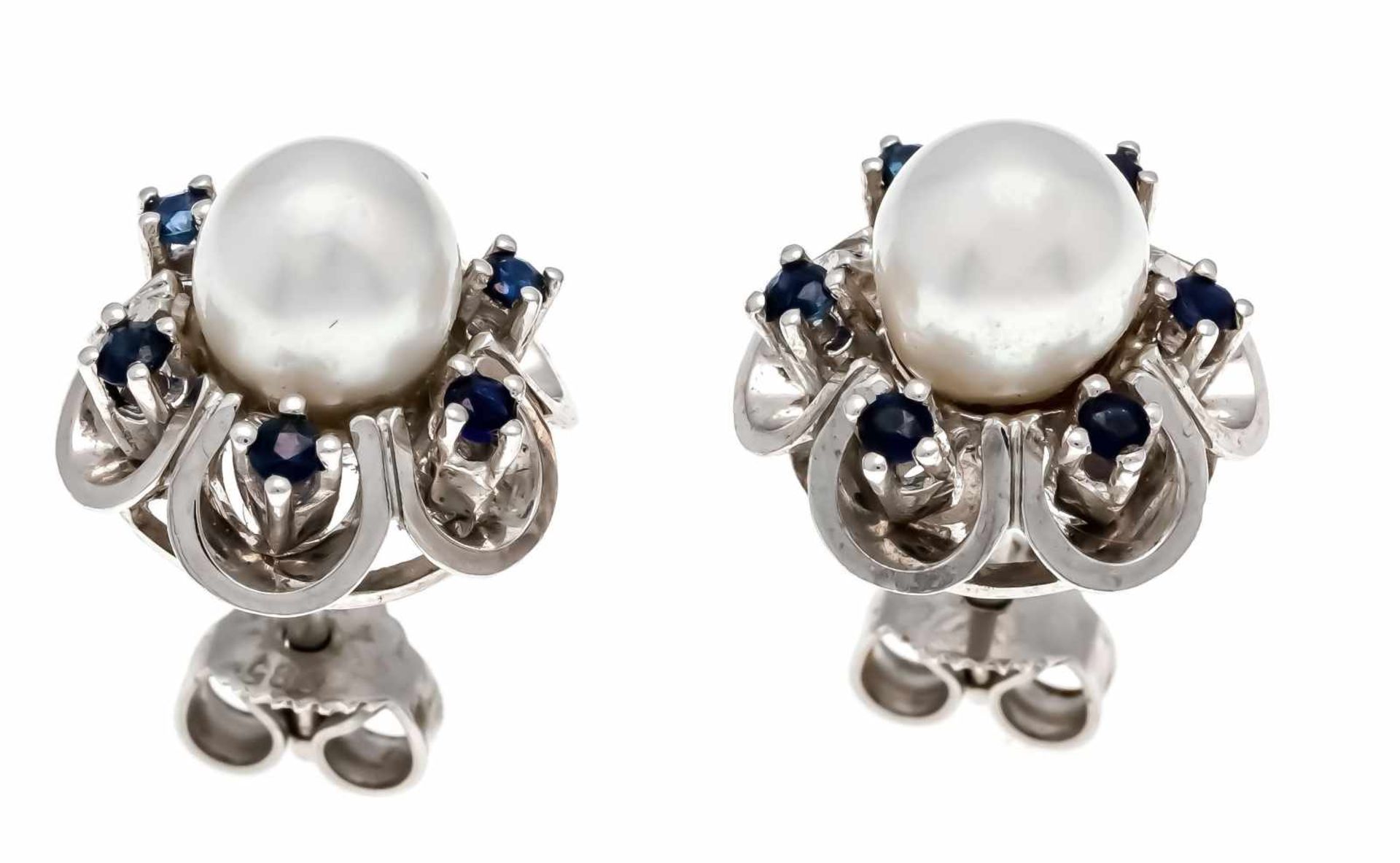 Akoya sapphire stud earrings WG 585/000, each with a fine Akoya pearl 6 mm and 6 roundfaced