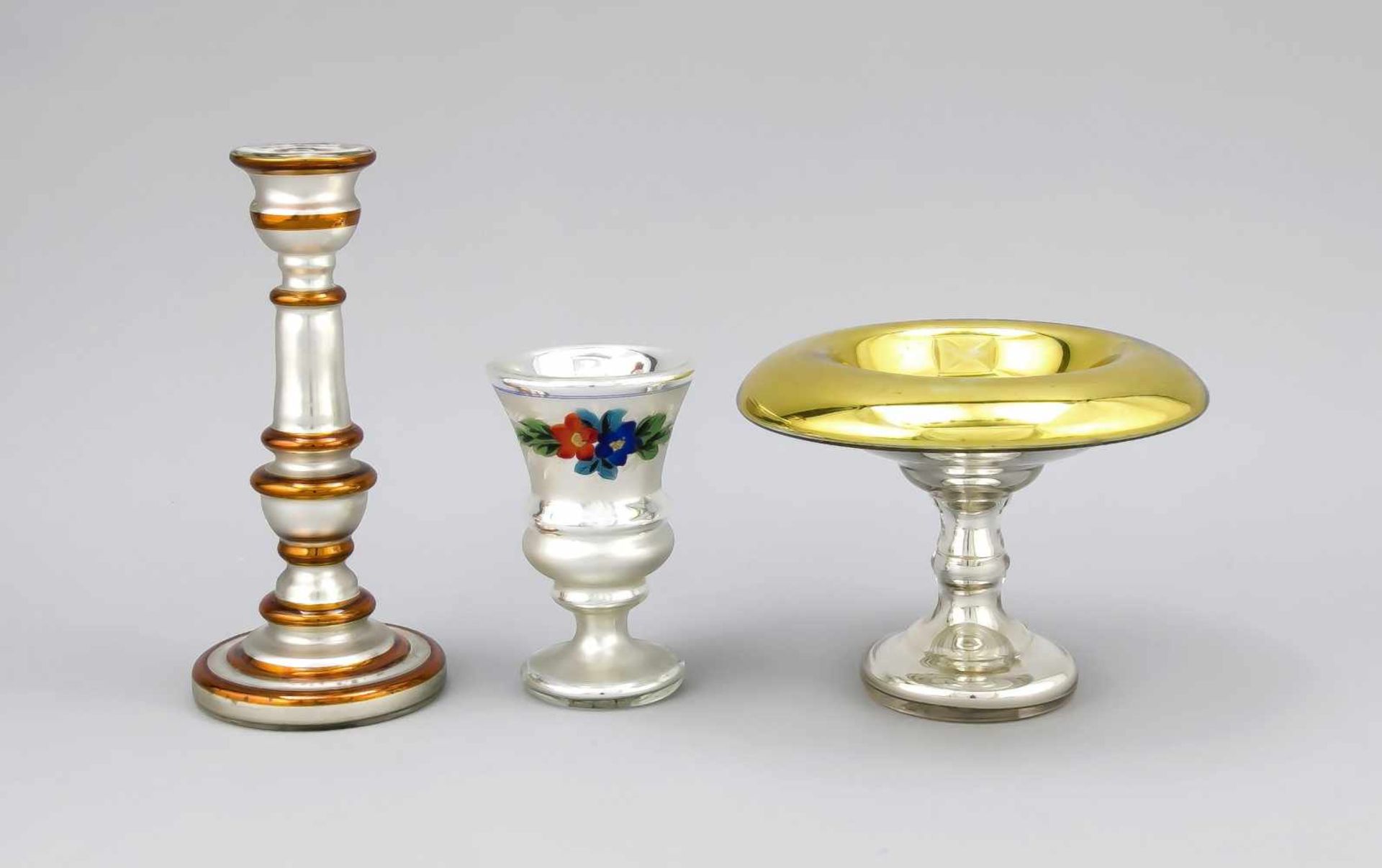 Three pieces glass, 19th century, candlestick, foot cup and foot bowl, partly gilded, 1with